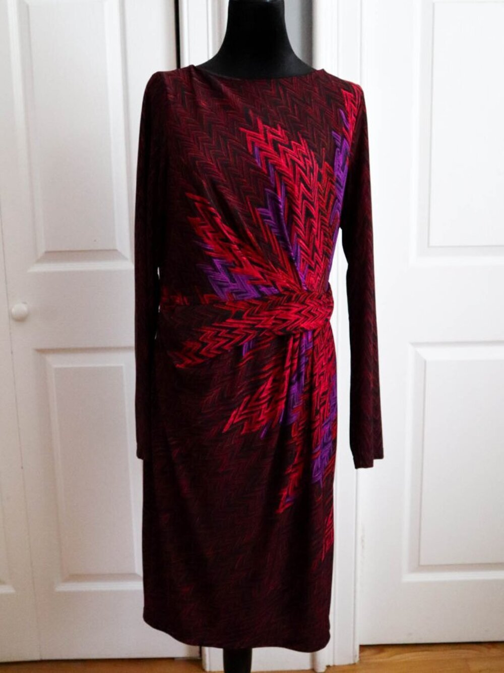David Meister Ruched Waist Sheath Dress Long Sleeve Colorful Abstract Sz 12